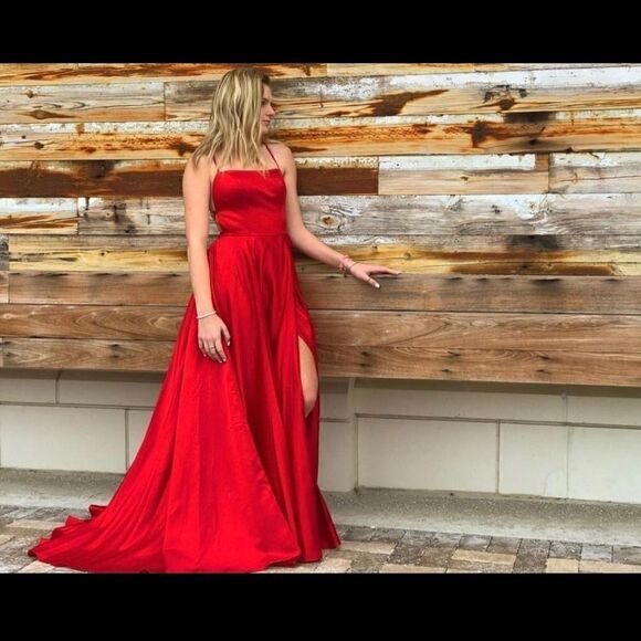 Long Slit Prom Dress Red Bridesmaid Formal Dance Spaghetti - Picture 4 of 6